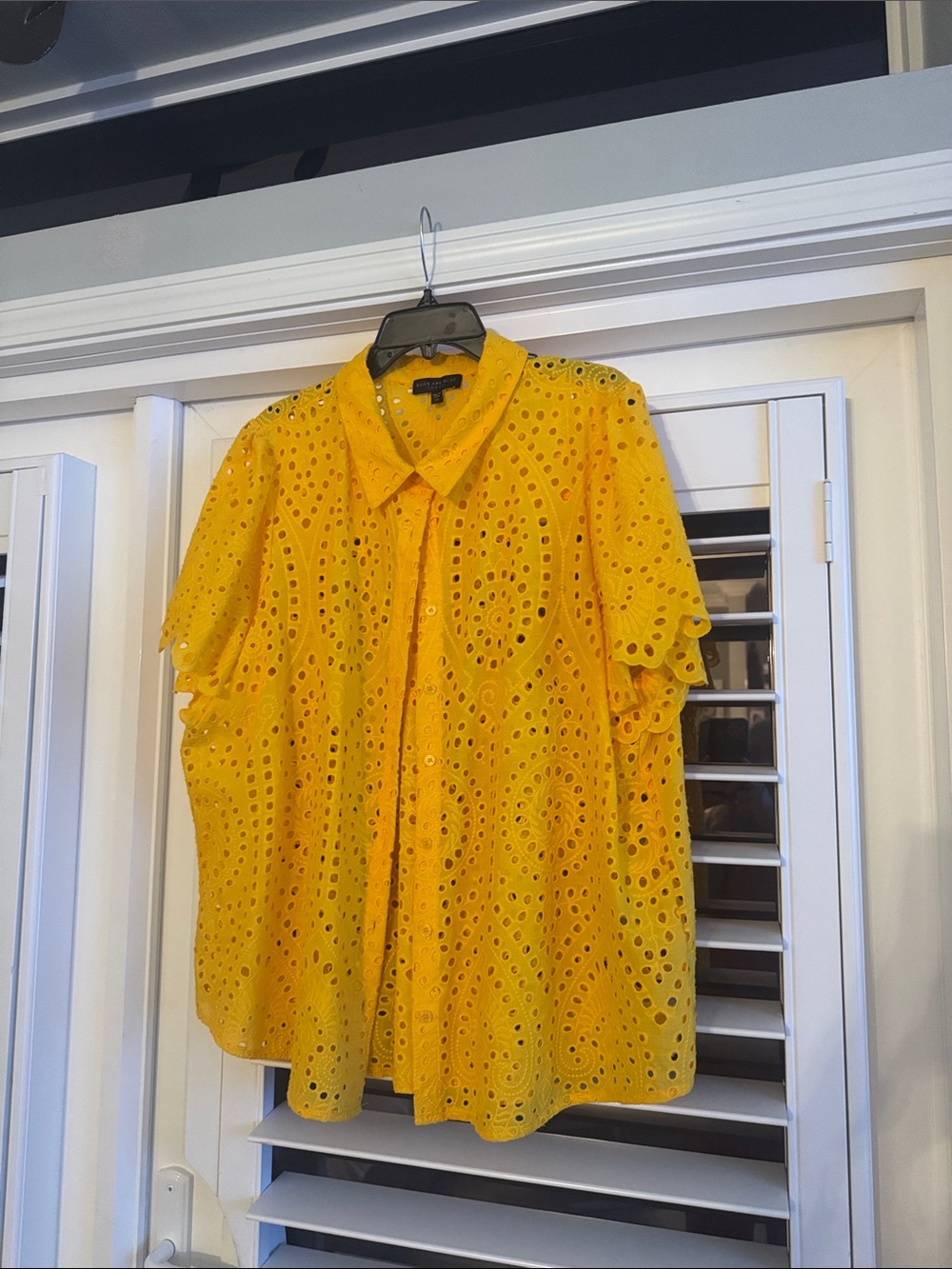 Skies Are Blue Yellow Eyelet Button-Front Blouse